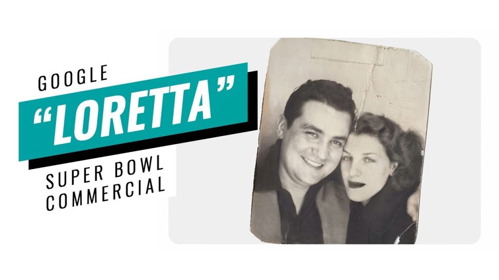 Cover art for Google commercial featuring young white man and young white woman in the 50s/60s hugging one another.